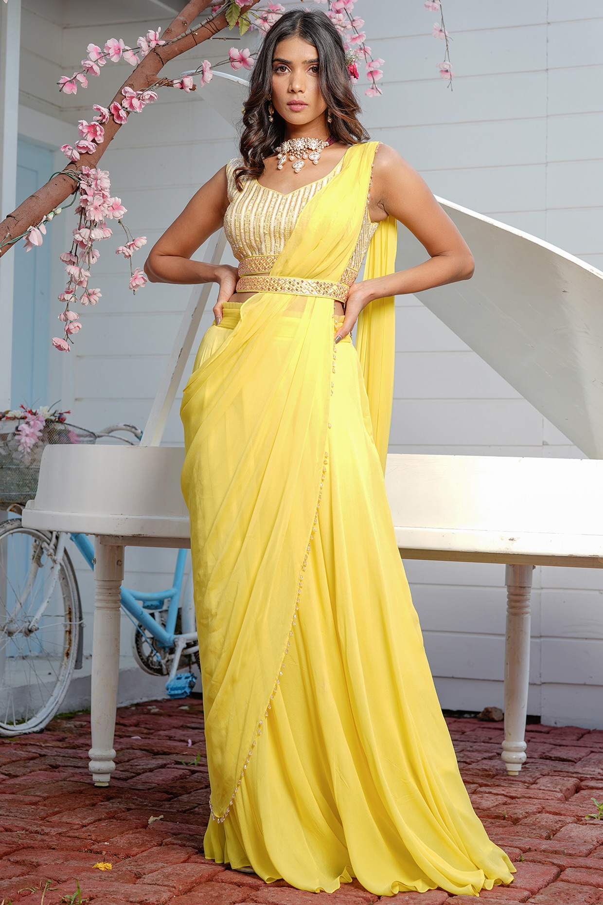 Buy Yellow Crepe Layered Draped Ruffle Lehenga Saree With Blouse For Women  by BAIDEHI Online at Aza Fashions.