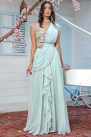 Sage Green Georgette Drape Ruffled Saree Set by Tamaraa By Tahani