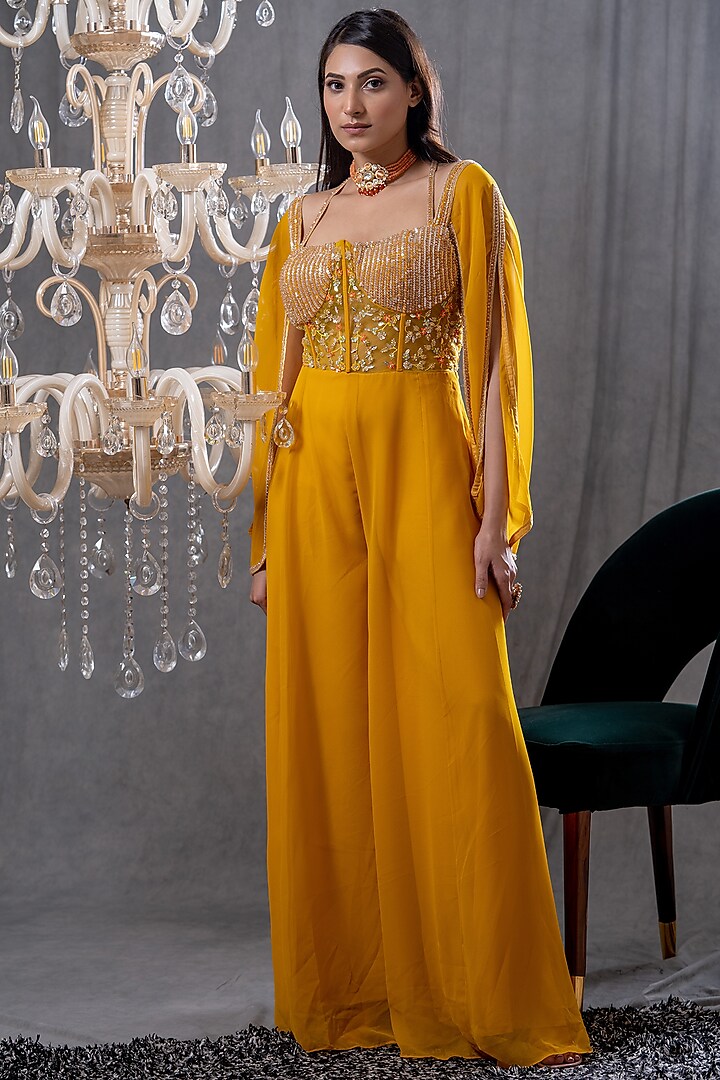 Mustard Embroidered Jumpsuit by Tamaraa By Tahani