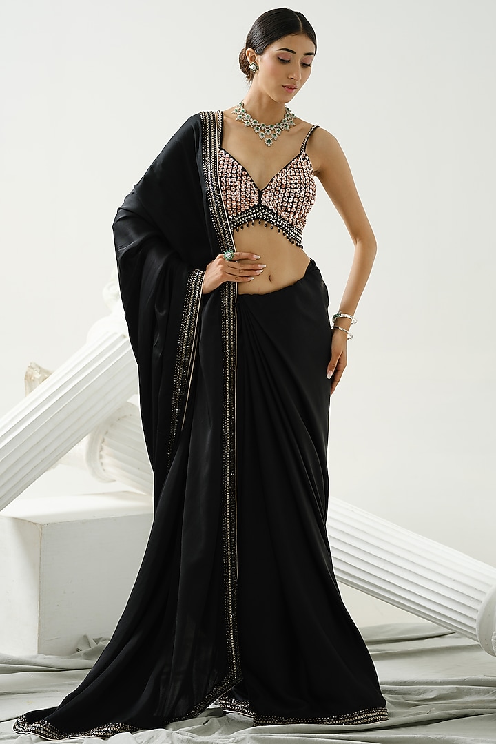 Black Geometric Satin Silk Wedding Saree Set by Tamaraa By Tahani at Pernia's Pop Up Shop