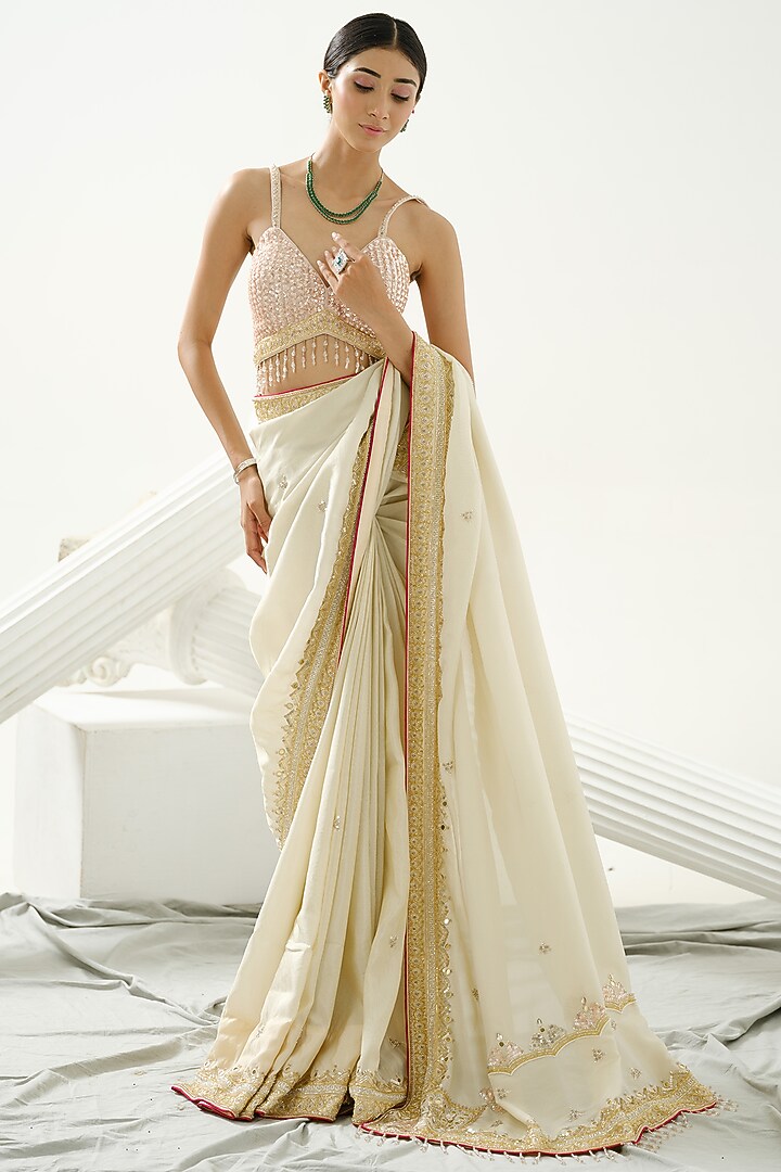 Gold Silk Tissue Embellished Wedding Saree Set by Tamaraa By Tahani at Pernia's Pop Up Shop