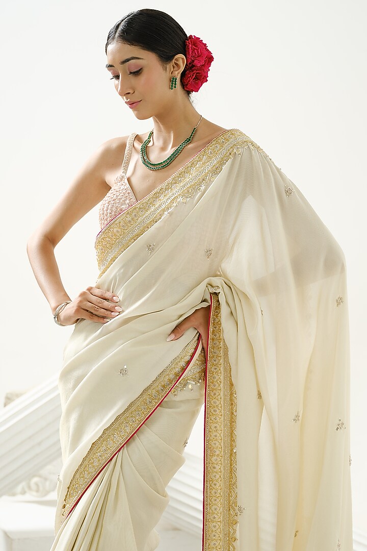 Gold Silk Tissue Embellished Wedding Saree Set by Tamaraa By Tahani at Pernia's Pop Up Shop