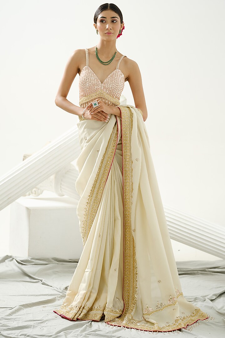 Gold Silk Tissue Embellished Wedding Saree Set by Tamaraa By Tahani at Pernia's Pop Up Shop
