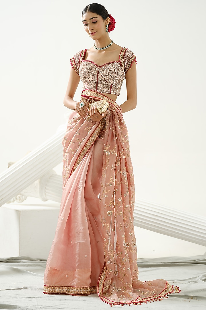 Coffee Organza Floral Handcrafted Reception Saree Set by Tamaraa By Tahani at Pernia's Pop Up Shop