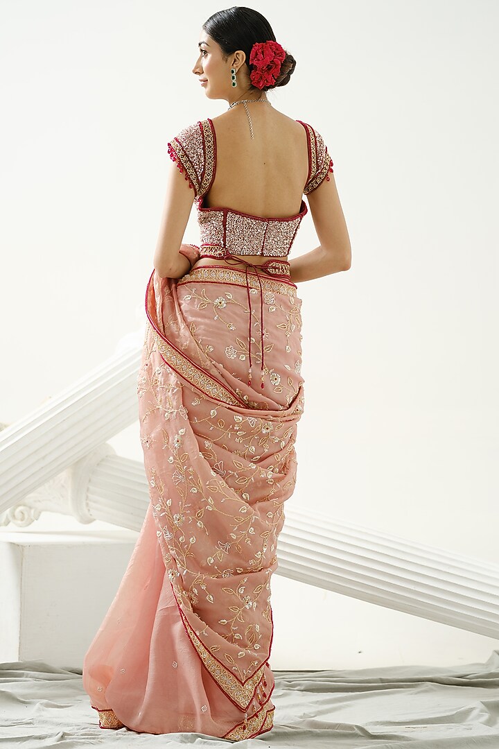 Coffee Organza Floral Handcrafted Reception Saree Set by Tamaraa By Tahani at Pernia's Pop Up Shop