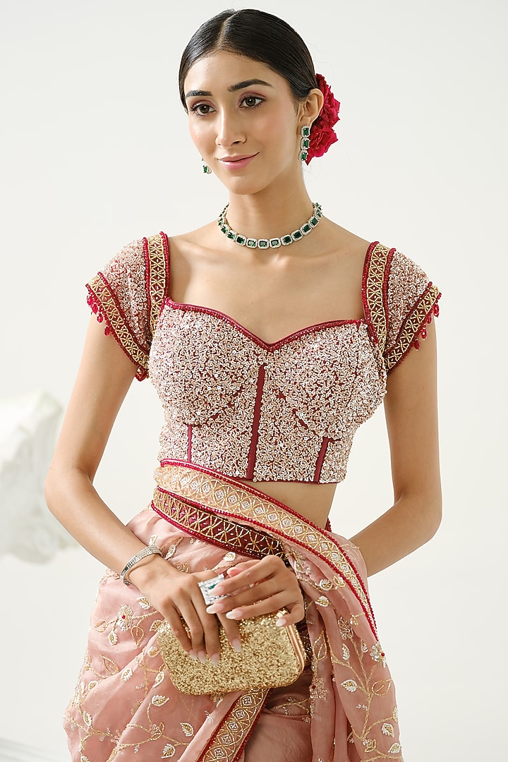 Coffee Organza Floral Handcrafted Reception Saree Set by Tamaraa By Tahani at Pernia's Pop Up Shop