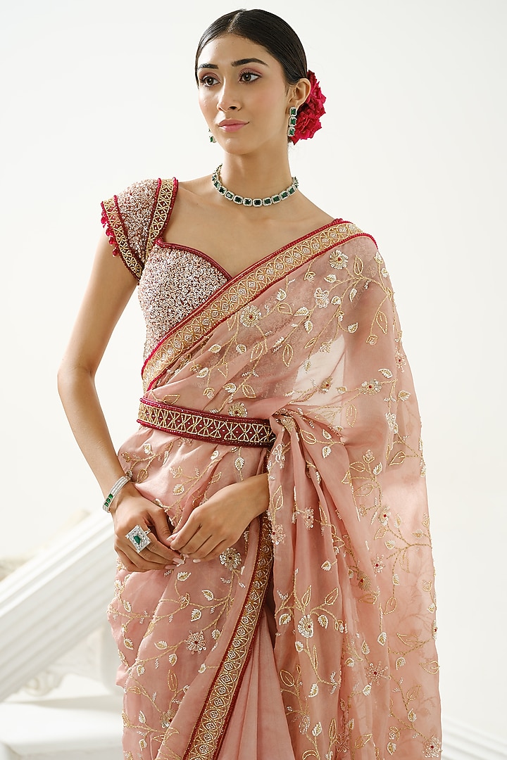 Coffee Organza Floral Handcrafted Reception Saree Set by Tamaraa By Tahani at Pernia's Pop Up Shop