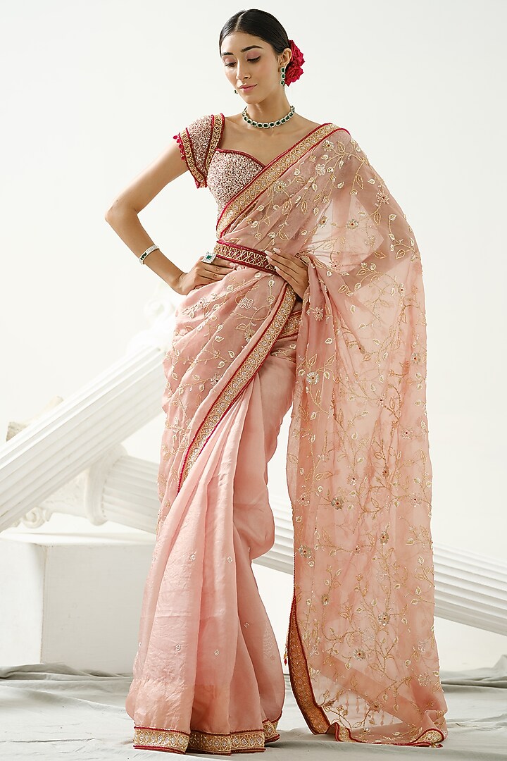 Coffee Organza Floral Handcrafted Reception Saree Set by Tamaraa By Tahani at Pernia's Pop Up Shop