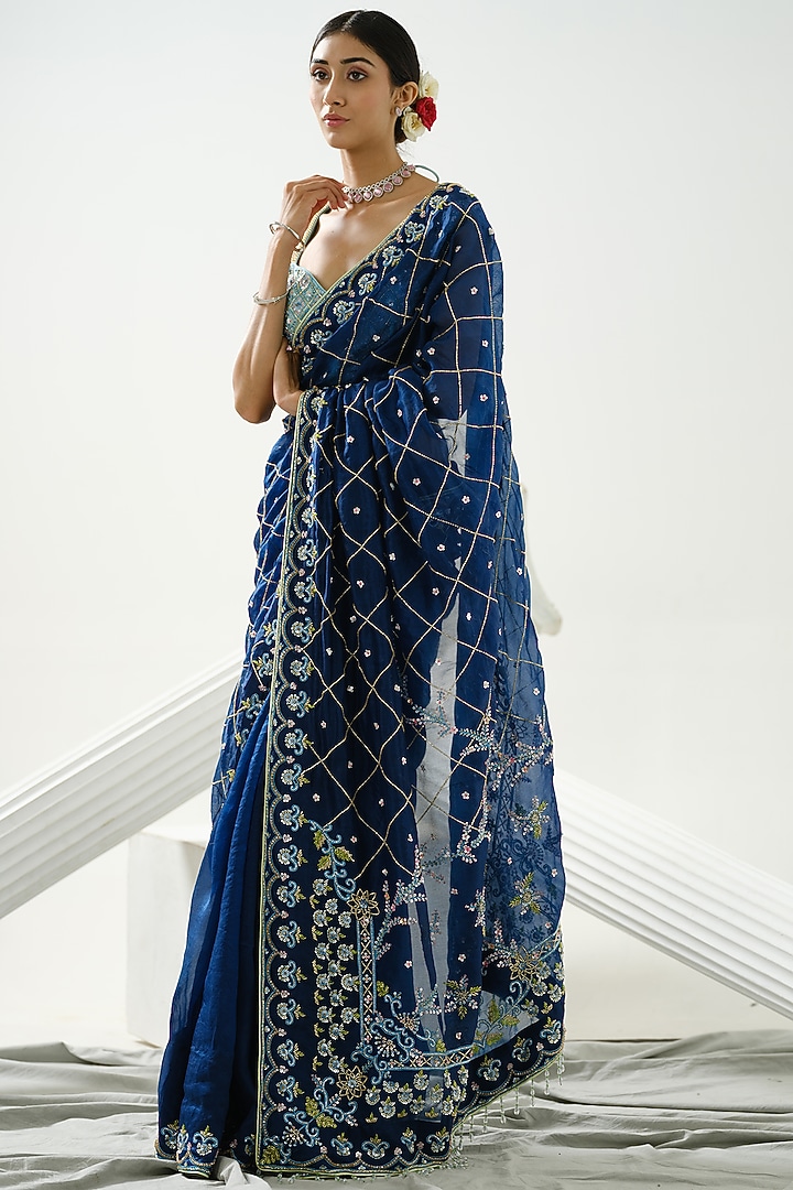 Dark Blue Organza Floral Handcrafted Wedding Saree Set by Tamaraa By Tahani at Pernia's Pop Up Shop