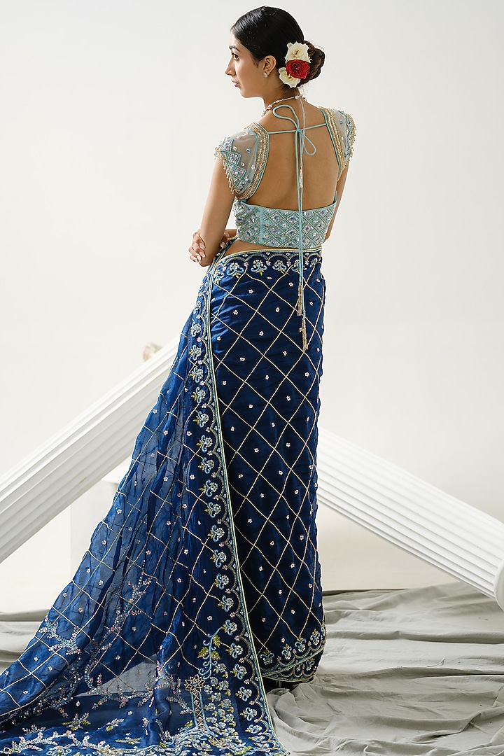 Dark Blue Organza Floral Handcrafted Wedding Saree Set by Tamaraa By Tahani at Pernia's Pop Up Shop