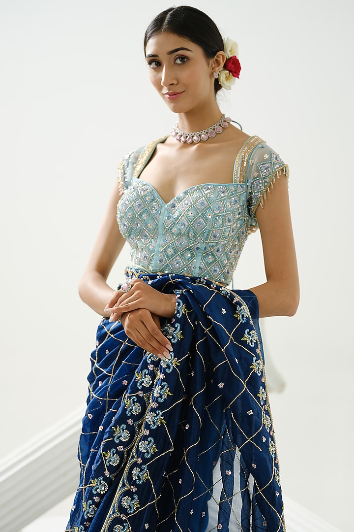 Dark Blue Organza Floral Handcrafted Wedding Saree Set by Tamaraa By Tahani at Pernia's Pop Up Shop