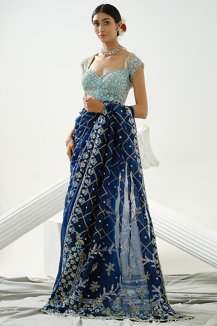 Dark Blue Organza Floral Handcrafted Wedding Saree Set by Tamaraa By Tahani at Pernia's Pop Up Shop
