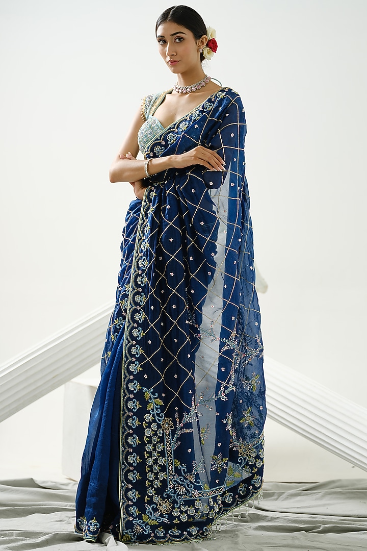 Dark Blue Organza Floral Handcrafted Wedding Saree Set by Tamaraa By Tahani at Pernia's Pop Up Shop
