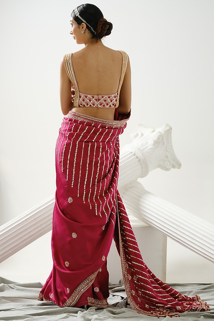 Cherry Pink Satin Silk Linear Handcrafted Wedding Saree Set by Tamaraa By Tahani at Pernia's Pop Up Shop
