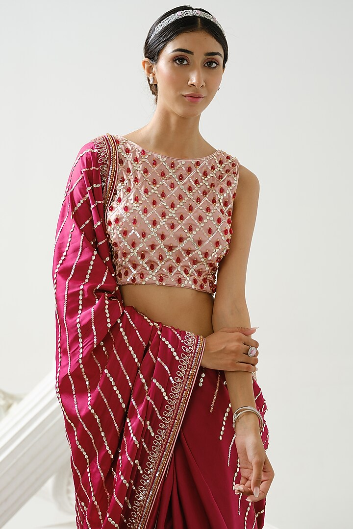 Cherry Pink Satin Silk Linear Handcrafted Wedding Saree Set by Tamaraa By Tahani at Pernia's Pop Up Shop