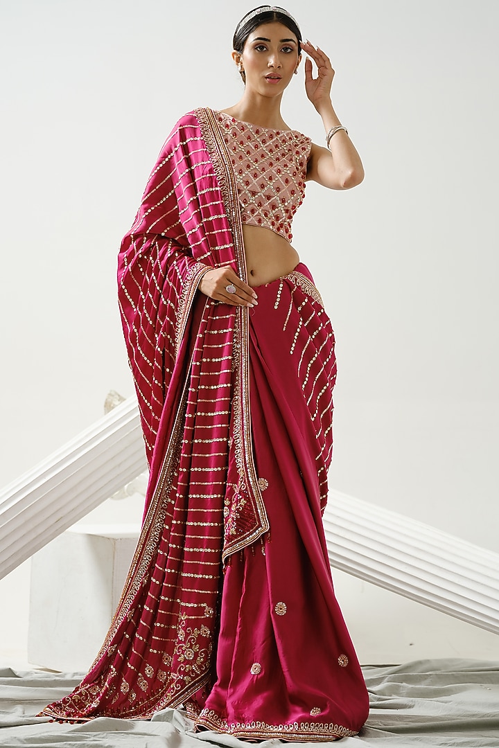Cherry Pink Satin Silk Linear Handcrafted Wedding Saree Set by Tamaraa By Tahani at Pernia's Pop Up Shop