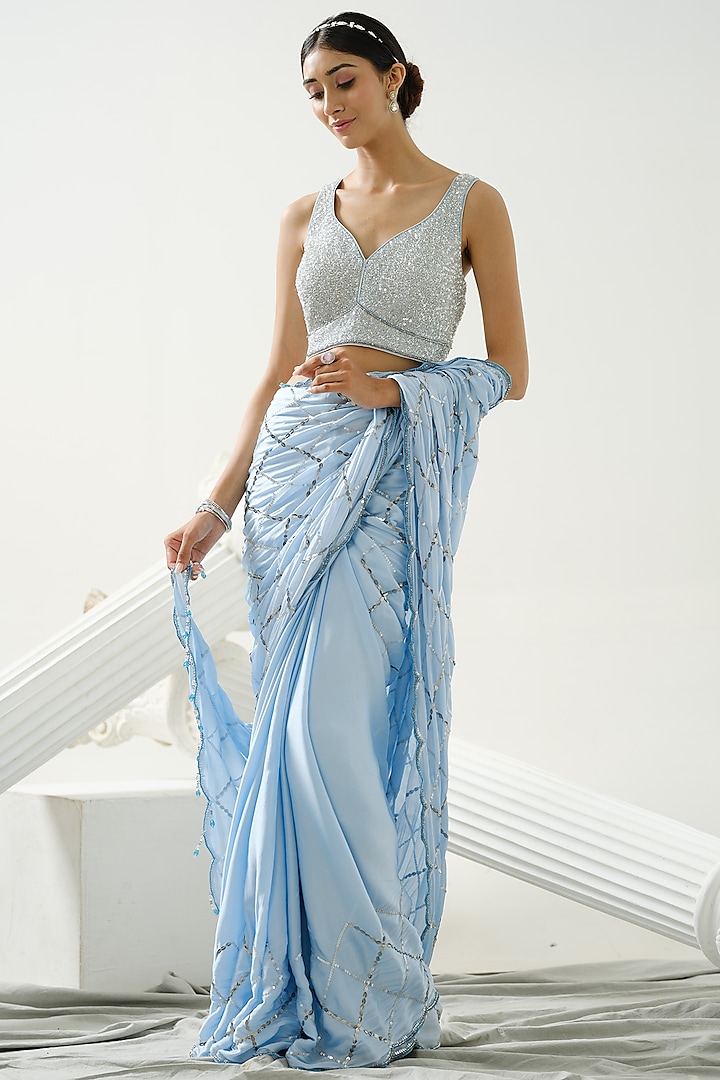 Powder Blue Satin Silk Sequins Saree Set by Tamaraa By Tahani