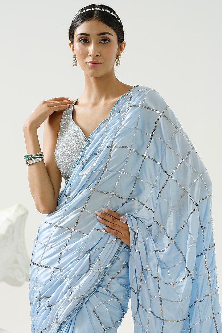 Powder Blue Satin Silk Sequins Wedding Saree Set by Tamaraa By Tahani at Pernia's Pop Up Shop