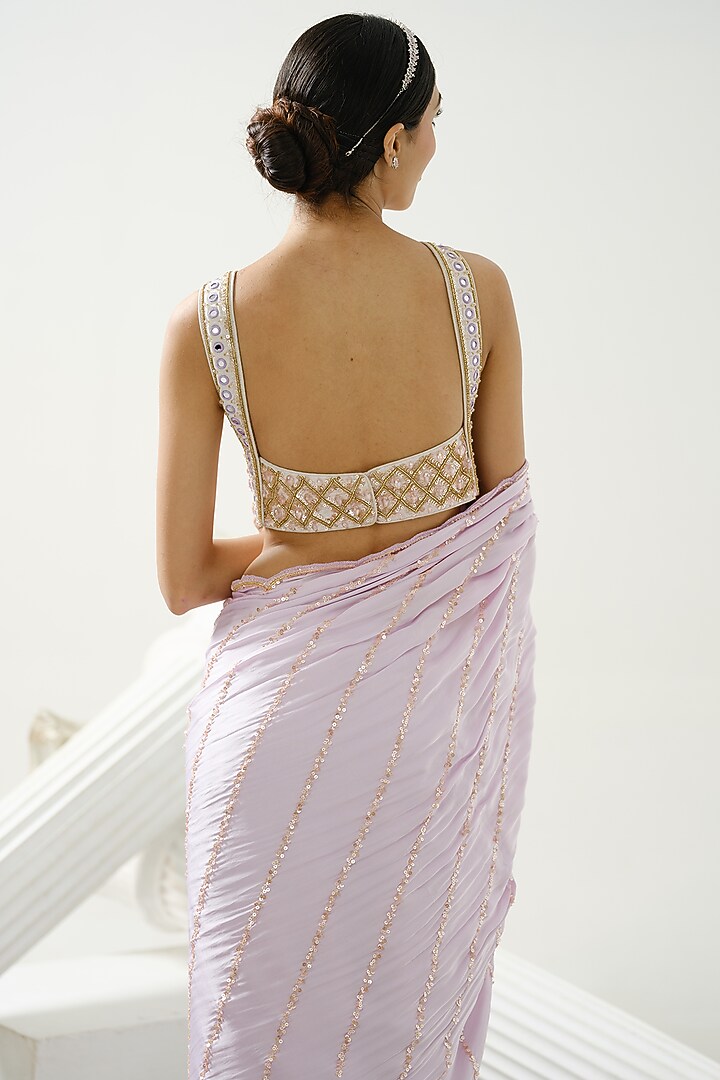 Lilac Satin Silk Sequins Scalloped Wedding Saree Set by Tamaraa By Tahani at Pernia's Pop Up Shop