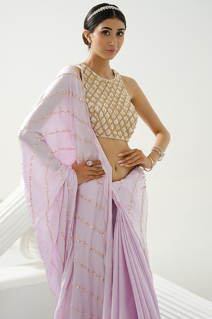 Lilac Satin Silk Sequins Scalloped Wedding Saree Set by Tamaraa By Tahani at Pernia's Pop Up Shop