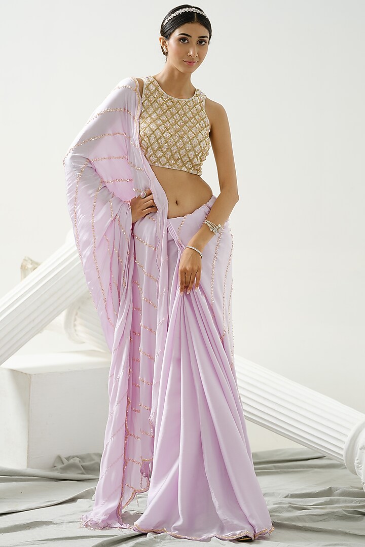 Lilac Satin Silk Sequins Scalloped Wedding Saree Set by Tamaraa By Tahani at Pernia's Pop Up Shop