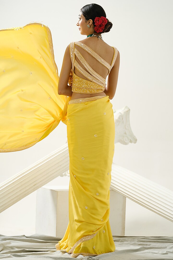 Yellow Satin Silk Sequins Handcrafted Wedding Saree Set by Tamaraa By Tahani at Pernia's Pop Up Shop