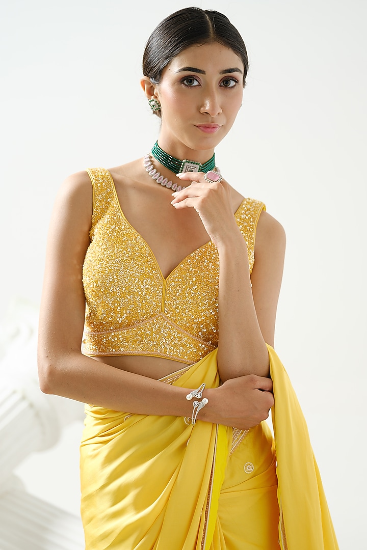Yellow Satin Silk Sequins Handcrafted Wedding Saree Set by Tamaraa By Tahani at Pernia's Pop Up Shop