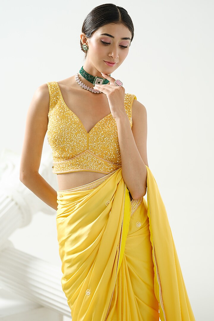 Yellow Satin Silk Sequins Handcrafted Wedding Saree Set by Tamaraa By Tahani at Pernia's Pop Up Shop