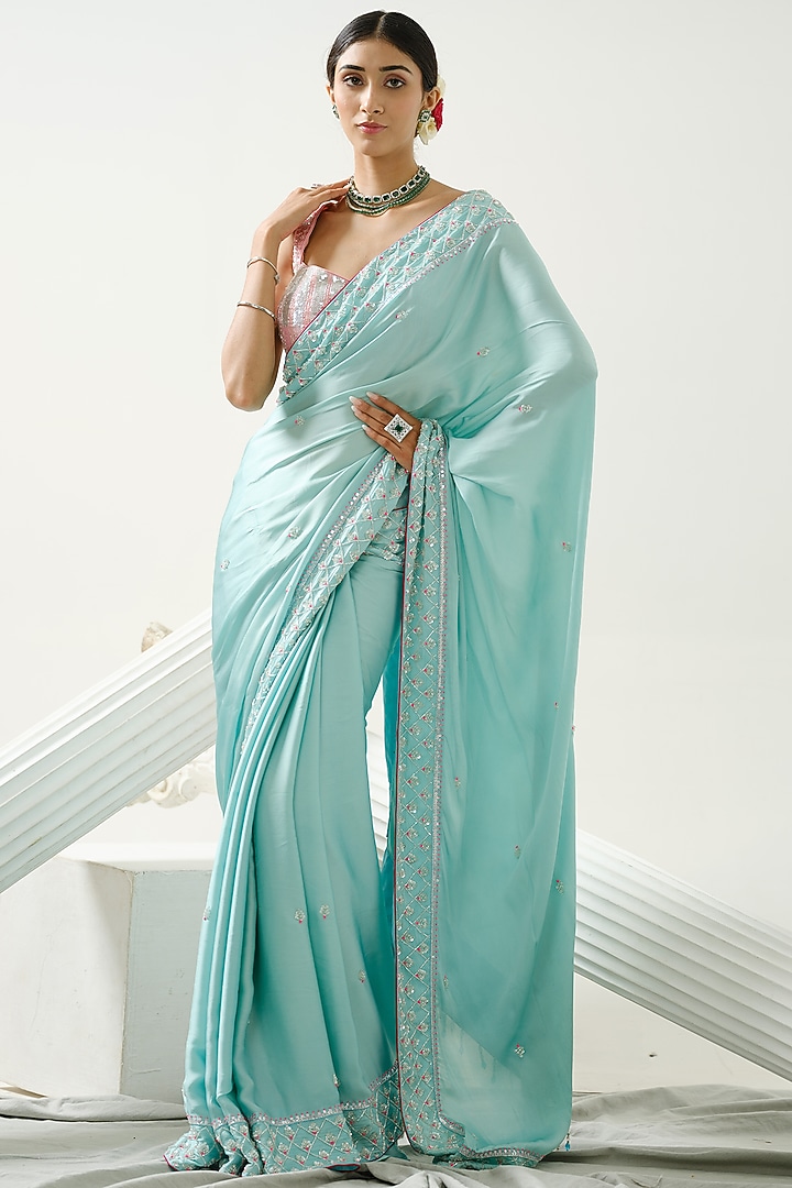 Ocean Green Satin Silk Wedding Saree Set by Tamaraa By Tahani at Pernia's Pop Up Shop