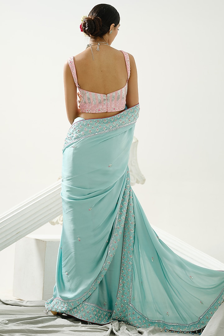 Ocean Green Satin Silk Wedding Saree Set by Tamaraa By Tahani at Pernia's Pop Up Shop