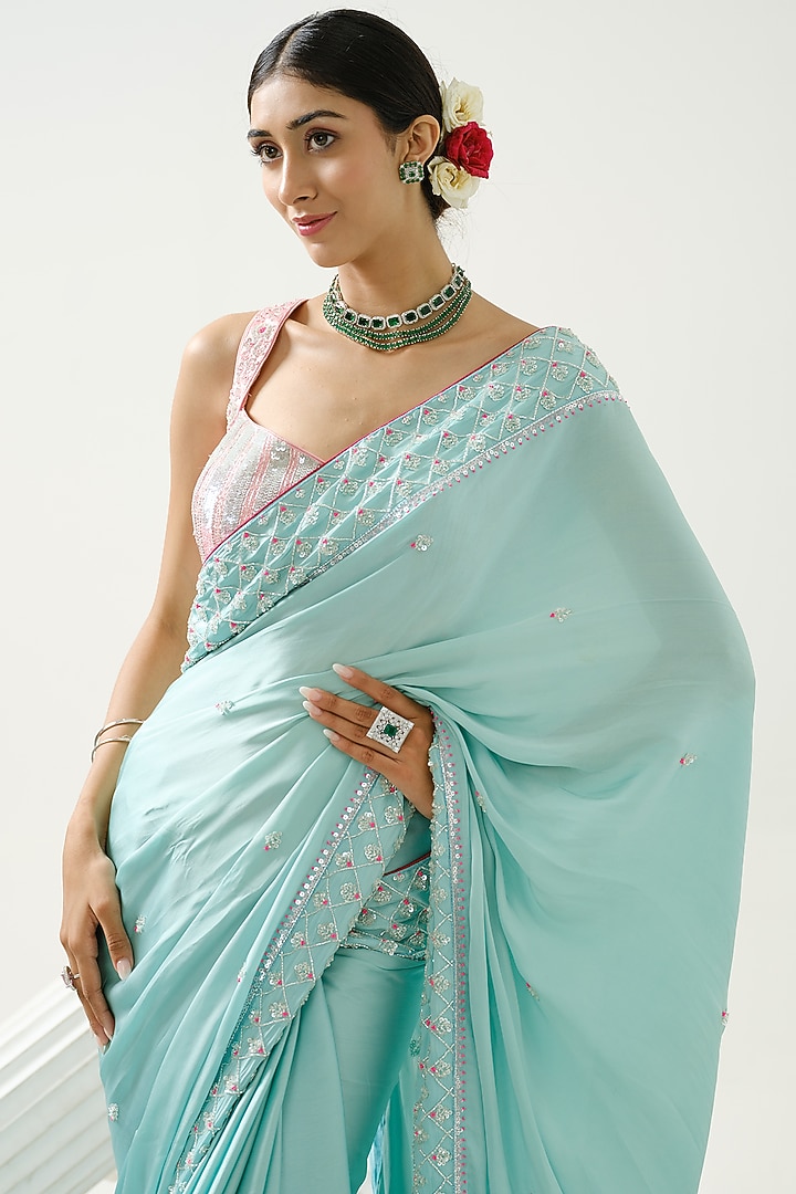 Ocean Green Satin Silk Wedding Saree Set by Tamaraa By Tahani at Pernia's Pop Up Shop