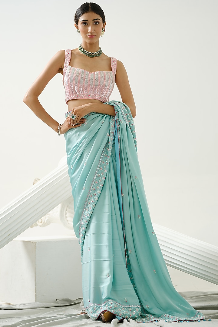 Ocean Green Satin Silk Wedding Saree Set by Tamaraa By Tahani at Pernia's Pop Up Shop
