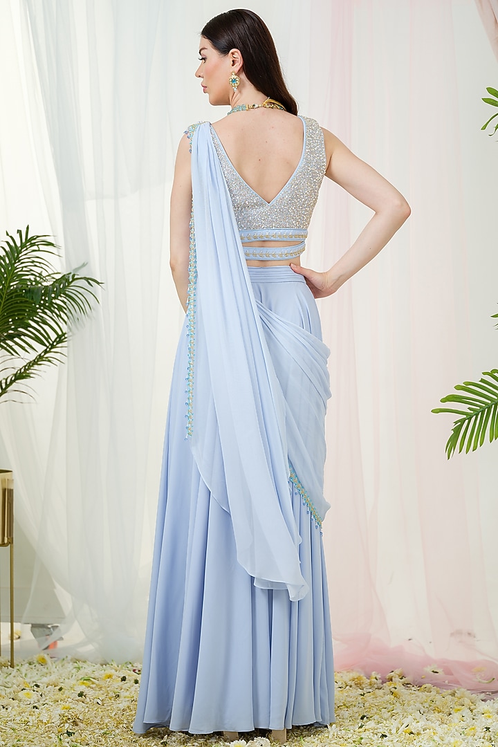 Cerulean Blue Georgette Draped Party Wear Saree Set by Tamaraa By Tahani at Pernia's Pop Up Shop