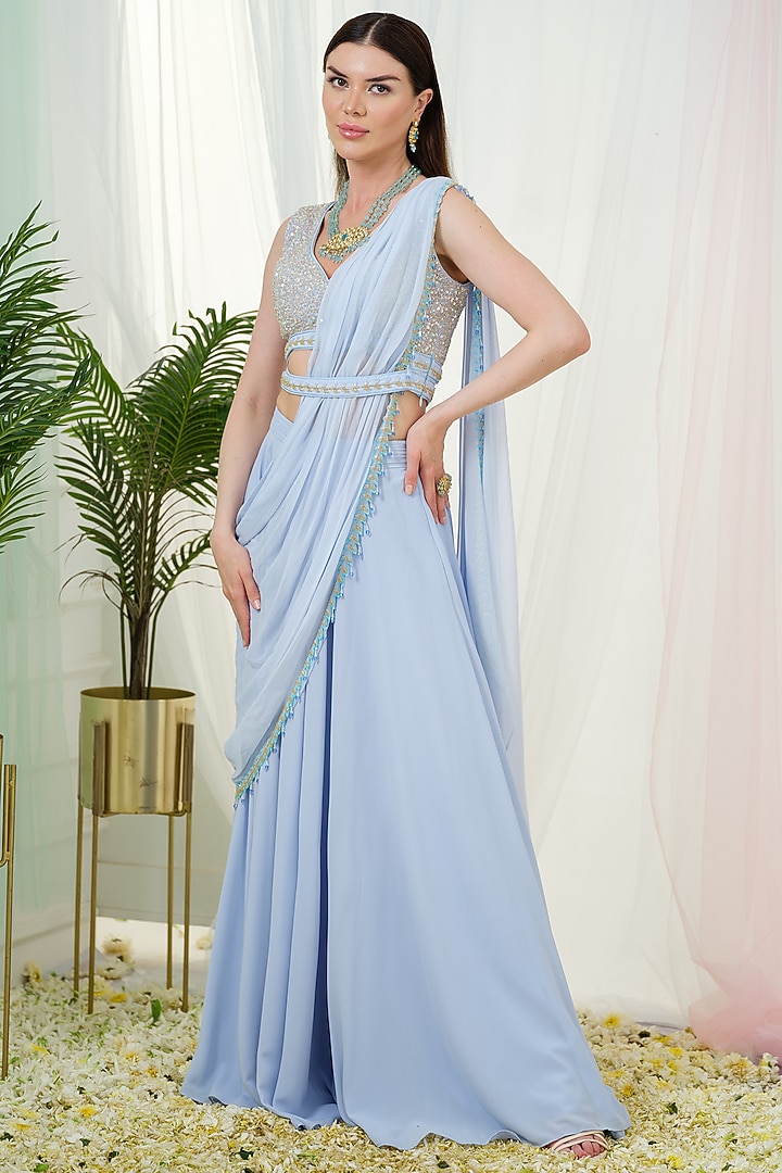 Cerulean Blue Georgette Draped Party Wear Saree Set by Tamaraa By Tahani at Pernia's Pop Up Shop