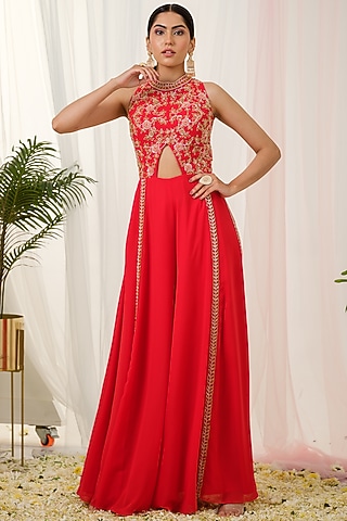 Red Georgette Floral Handcrafted Kalidar Jumpsuit by Tamaraa By Tahani