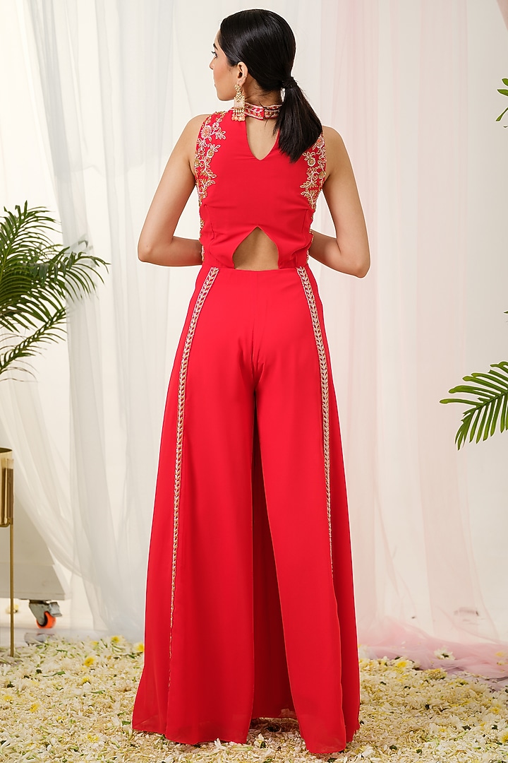 Red Georgette Floral Handcrafted Kalidar Jumpsuit by Tamaraa By Tahani at Pernia's Pop Up Shop
