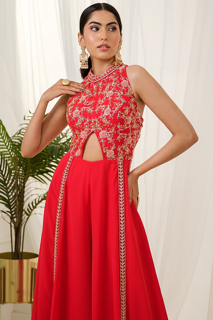 Red Georgette Floral Handcrafted Kalidar Jumpsuit by Tamaraa By Tahani at Pernia's Pop Up Shop