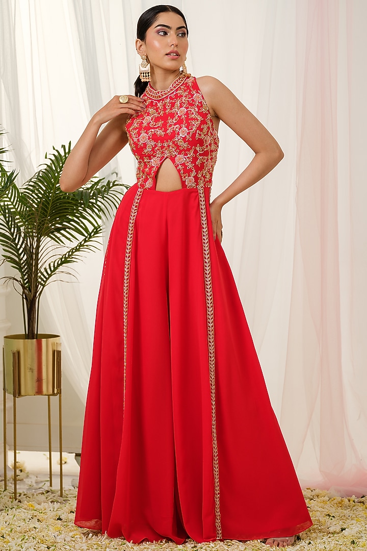 Red Georgette Floral Handcrafted Kalidar Jumpsuit by Tamaraa By Tahani at Pernia's Pop Up Shop