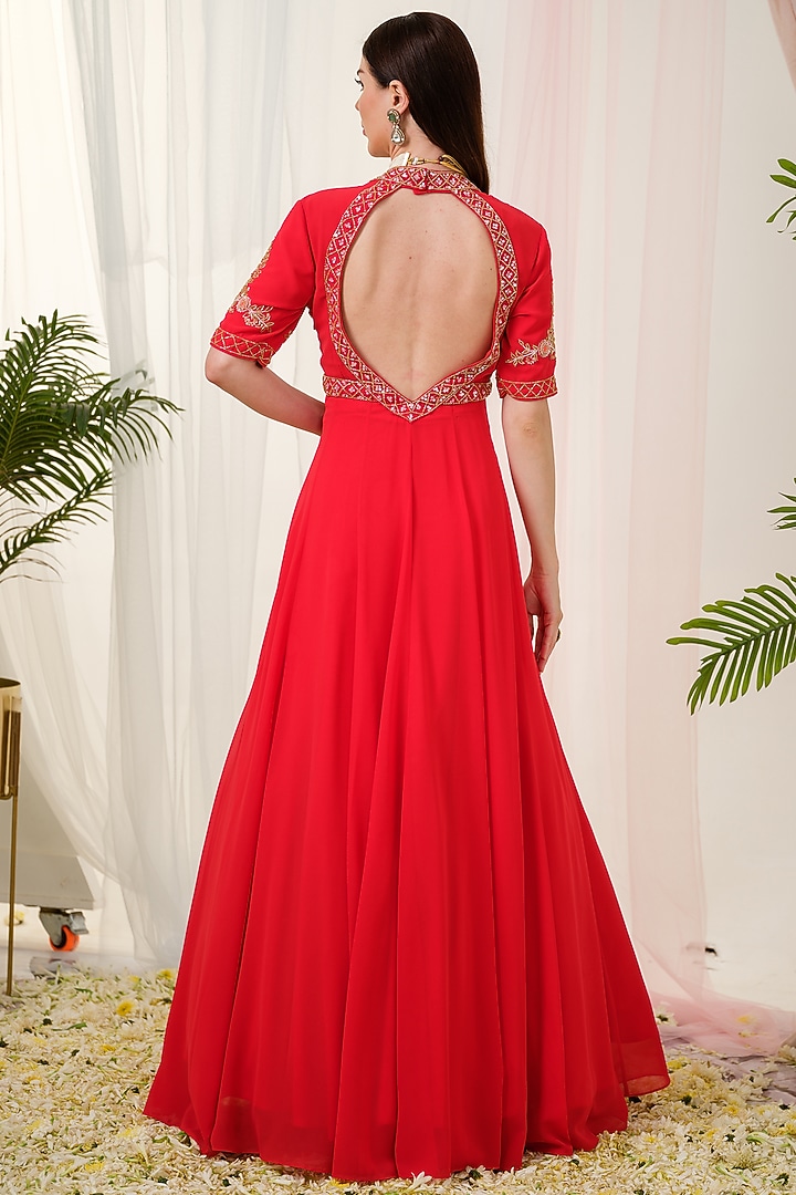 Red Georgette Hand Embroidered Kalidar Wedding Anarkali With Dupatta by Tamaraa By Tahani at Pernia's Pop Up Shop