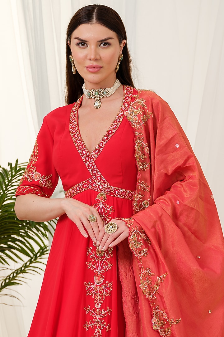 Red Georgette Hand Embroidered Kalidar Wedding Anarkali With Dupatta by Tamaraa By Tahani at Pernia's Pop Up Shop