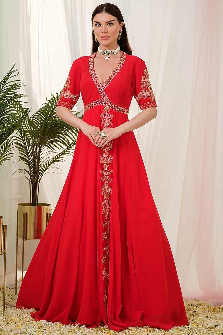 Red Georgette Hand Embroidered Kalidar Wedding Anarkali With Dupatta by Tamaraa By Tahani at Pernia's Pop Up Shop