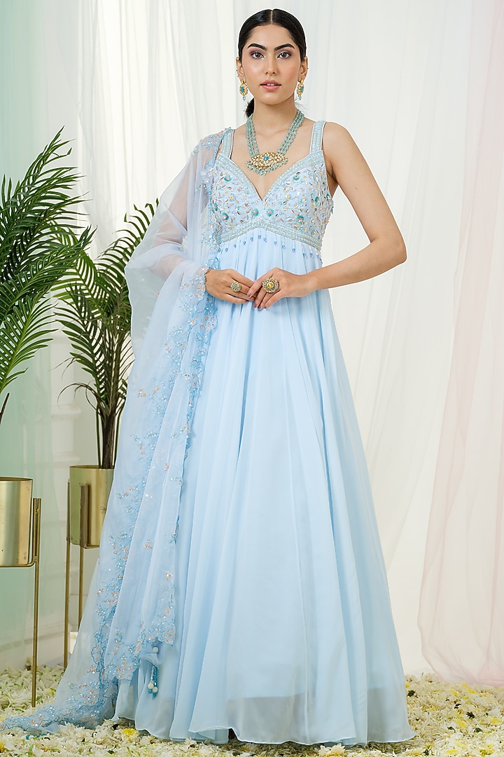 Powder Blue Georgette Strappy Wedding Anarkali With Dupatta by Tamaraa By Tahani at Pernia's Pop Up Shop