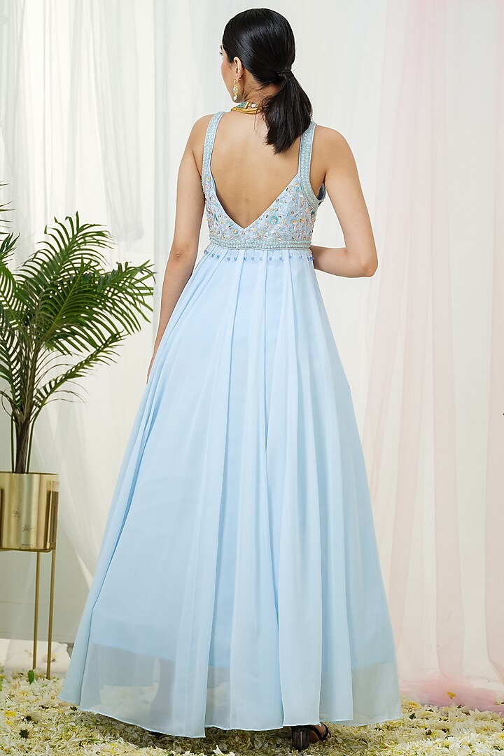 Powder Blue Georgette Strappy Wedding Anarkali With Dupatta by Tamaraa By Tahani at Pernia's Pop Up Shop
