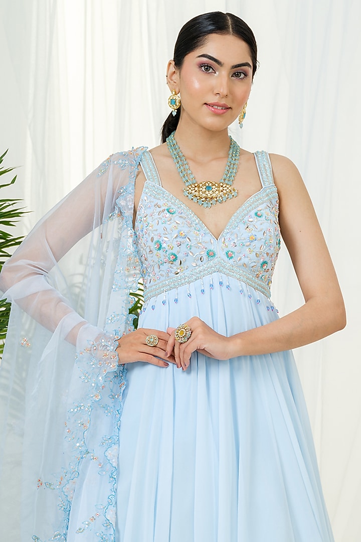 Powder Blue Georgette Strappy Wedding Anarkali With Dupatta by Tamaraa By Tahani at Pernia's Pop Up Shop
