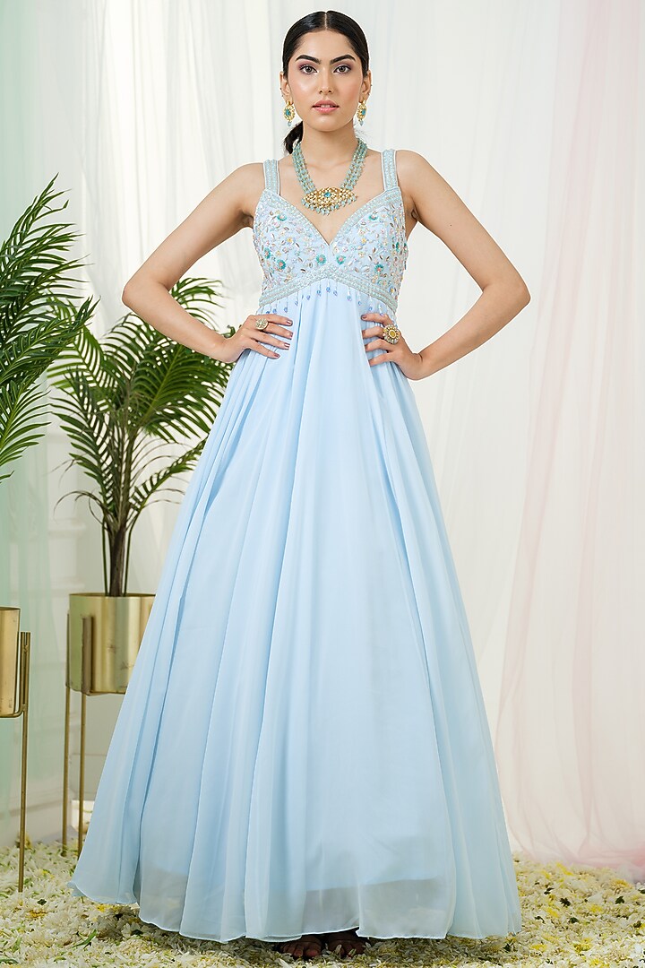 Powder Blue Georgette Strappy Wedding Anarkali With Dupatta by Tamaraa By Tahani at Pernia's Pop Up Shop