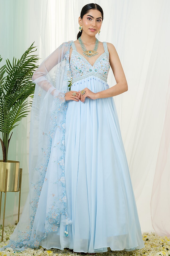 Powder Blue Georgette Strappy Wedding Anarkali With Dupatta by Tamaraa By Tahani at Pernia's Pop Up Shop