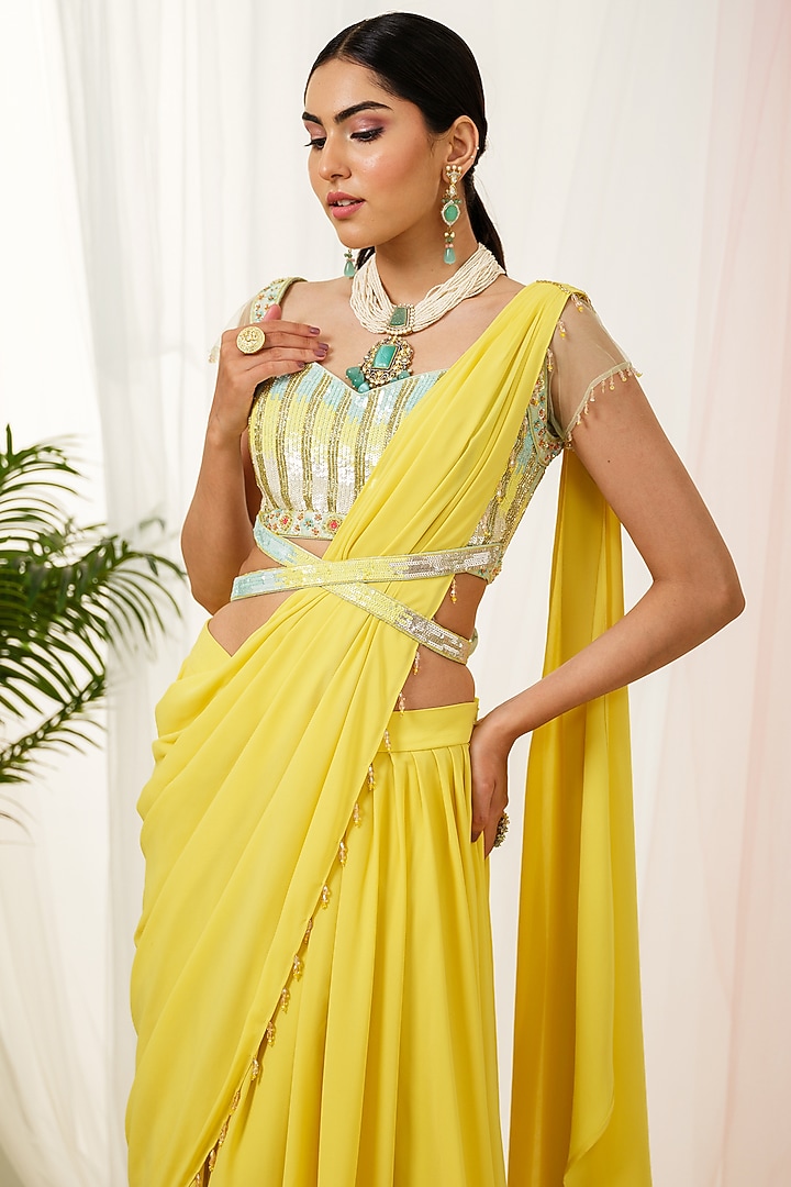Lemon Yellow Georgette Party Wear Lehenga Saree Set by Tamaraa By Tahani at Pernia's Pop Up Shop