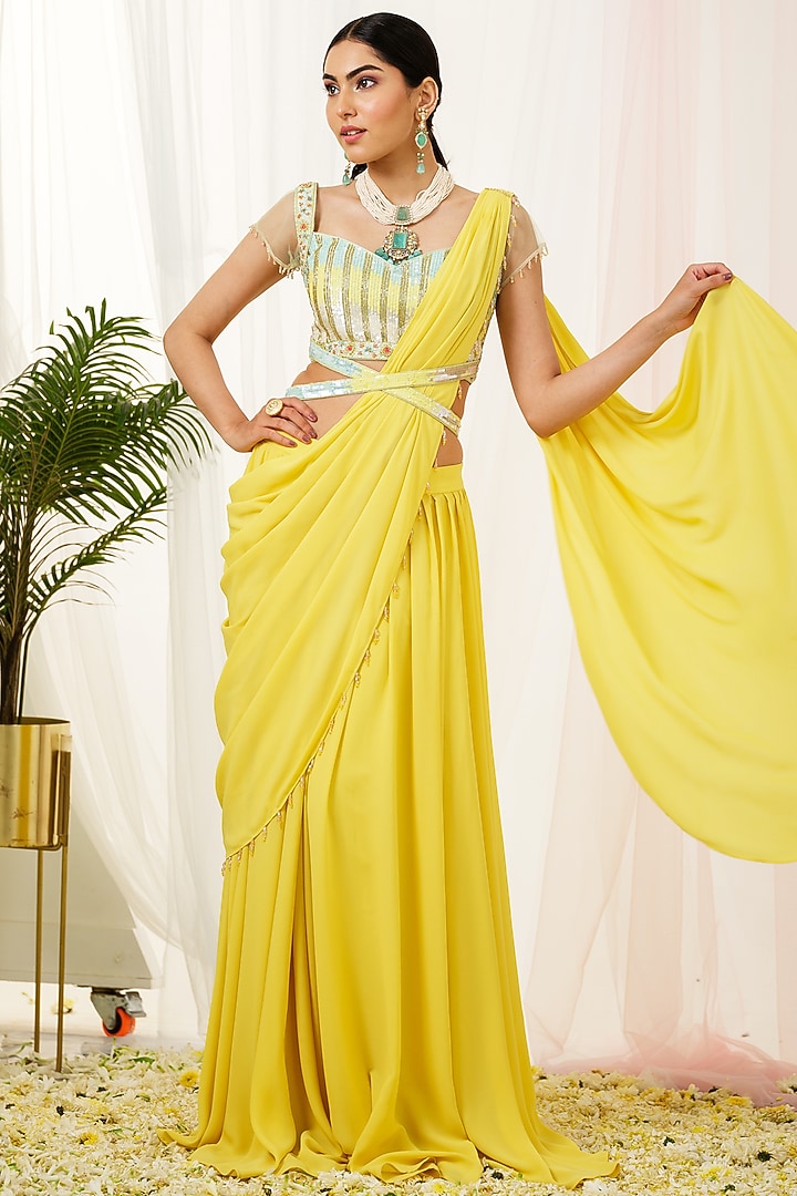 Lemon Yellow Georgette Party Wear Lehenga Saree Set by Tamaraa By Tahani at Pernia's Pop Up Shop