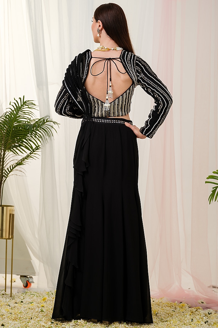 Black Georgette Structured Ruffle Draped Mermaid Wedding Saree Set by Tamaraa By Tahani at Pernia's Pop Up Shop