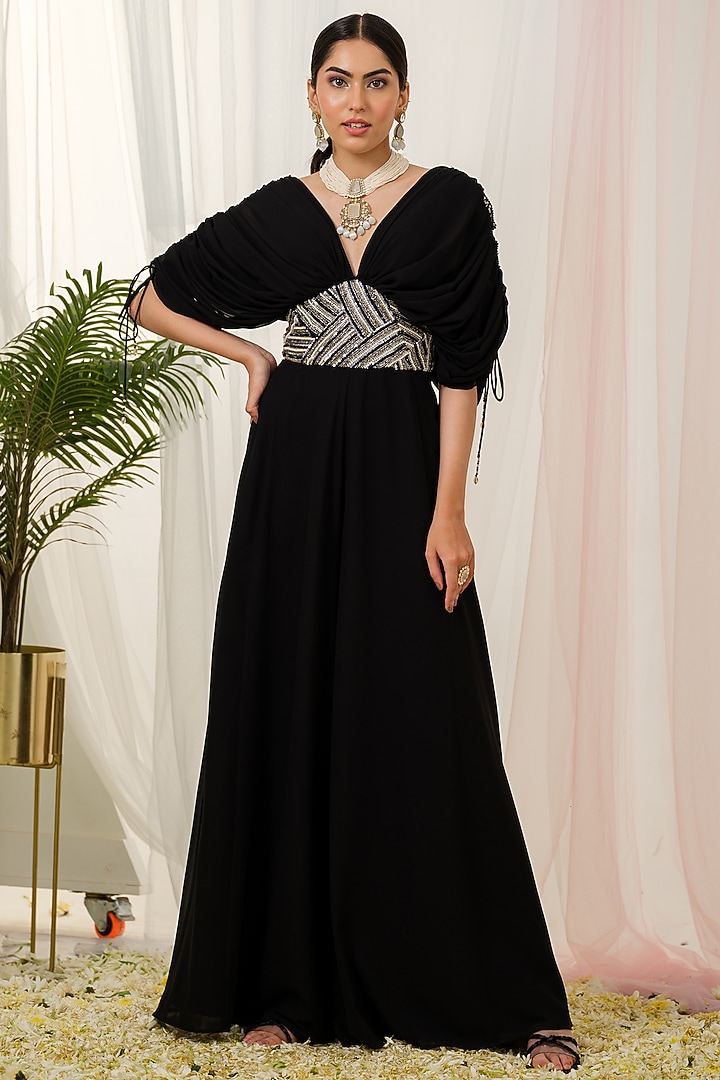 Black Georgette Hand Embroidered Jumpsuit by Tamaraa By Tahani at Pernia's Pop Up Shop